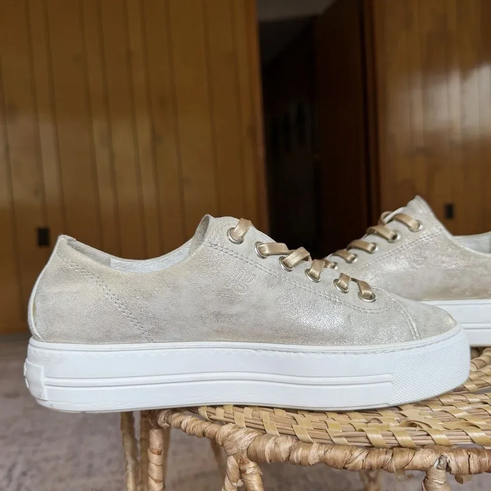 $420 Paul Green Hadley Platform Sneaker Leather Metallic Gold Beige UK 5.5 US 8
